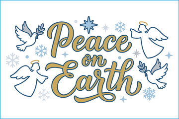 Peace on Earth Elegant Typography with Line Art Angels and Blue Snowflakes
