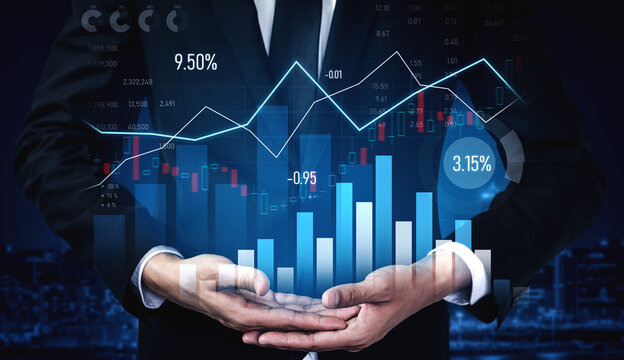 A businessman in a suit presents data analytics charts featuring financial growth metrics and digital graphs against a dark urban background, symbolizing investment strategy and modern finance. Scalp
