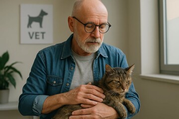 Senior man cuddling a cat at a veterinary clinic, gentle pet care and checkup, compassion and bonding indoors.