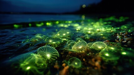A vibrant underwater scene with glowing jellyfish and sea anemones, illuminated by moonlight, with a rocky shoreline in the foreground and a dark, starry sky in the background.