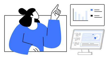 Business strategy, data visualization, productivity tools, digital analytics, workplace solutions, teamwork. A person pointing at a screen with graphs and charts. Business strategy and data