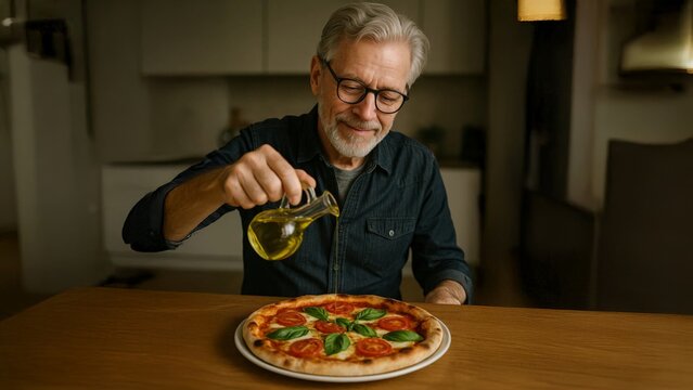 Smiling senior man pours olive oil over a fresh Margherita pizza with basil and tomatoes at a home kitchen table. Cozy Italian cooking moment. - Powered by Adobe