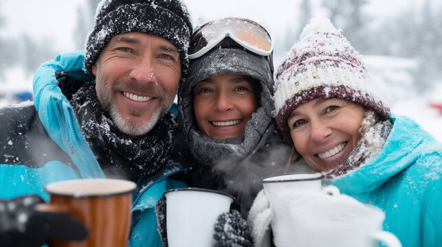 WINTEROUTDOOR, family holding steaming cups of hot cocoa after skiing, cozy moment, 
