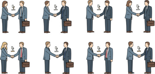 Business handshake illustration set showing professional agreements, partnerships, corporate deals, teamwork, collaboration, and office communication between colleagues and clients.
