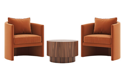 Modern living room furniture arrangement with stylish terracotta armchairs and sleek wood coffee table against a clean dark backdrop for home decor ads