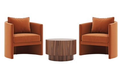 Modern living room furniture arrangement with stylish terracotta armchairs and sleek wood coffee table against a clean dark backdrop for home decor ads