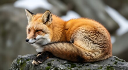 Red fox resting curled up on a rocky outcrop