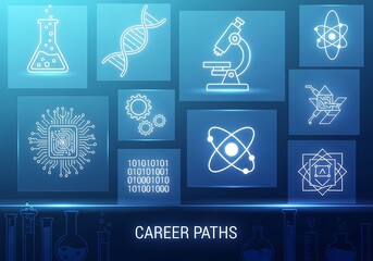 Exploring science technology engineering and math career paths with digital icons and futuristic glow