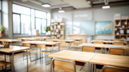 A spacious classroom with wooden desks and chairs, a chalkboard, and a map on the wall. 
