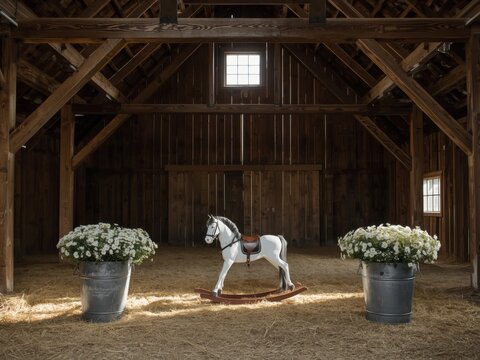 Vintage rocking horse and floral arrangements inside a rustic barn setting - Powered by Adobe