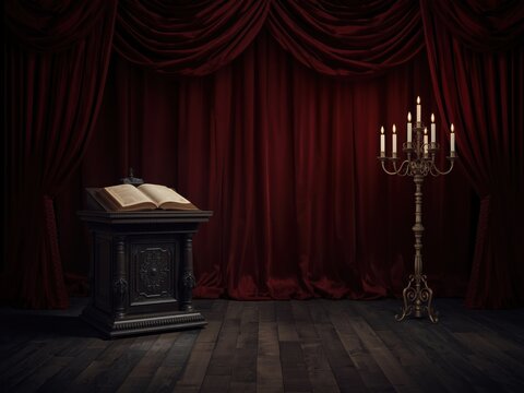 Vintage stage setting with an open book on a podium and candelabra - Powered by Adobe