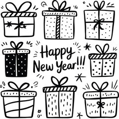Happy New Year gift boxes set. Hand drawn purple and black presents with festive lettering and ribbons vector illustration