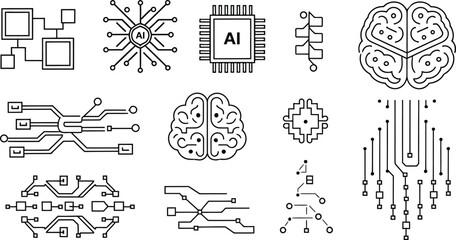 Artificial intelligence and circuit brain line icons set. Neural network, digital processor, and computer technology vector illustration collection