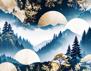 富士山、松、扇、日の丸を幾何学的に配置した、縁起の良いモチーフが詰まった和モダン・コラージュ