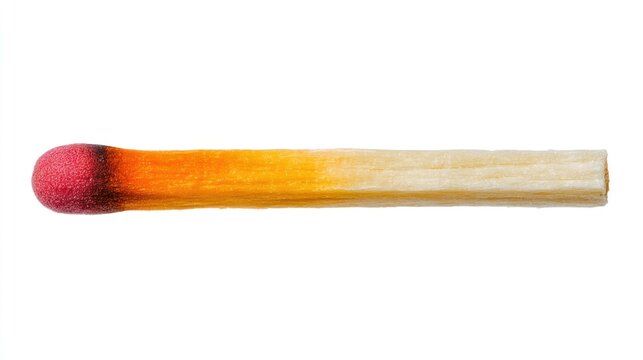 A single matchstick with a red head and a yellowish-brown body, lying horizontally on a white background with a blurred background.