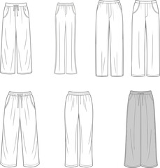 Wide leg pants technical flat set with elastic waist, drawstring options, pockets, relaxed fit silhouettes, front and back views fashion garment vector illustration