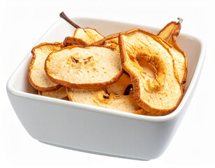 A bowl of dried pear slices. Isolated on a white background.