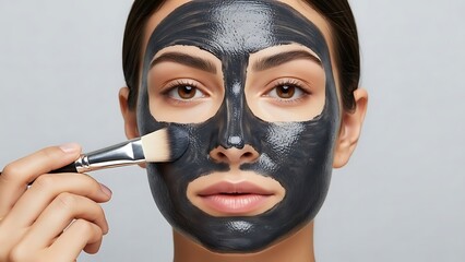 Woman Applying Charcoal Face Mask with Brush black mask