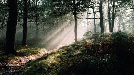 Golden rays of sunlight pierce through a misty forest, illuminating lush greenery and casting a serene glow on the winding path. Nature awakens in tranquil beauty