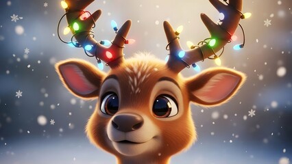 christmas reindeer rodolf with strings of lights on its horns, cute 3d cartoon