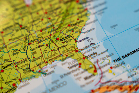 Warsaw, Poland - Dec 5, 2025: Close-up view of a detailed map showcasing Southern USA, prominently featuring the Atlanta area, perfect for travel planning or geographic illustrations.