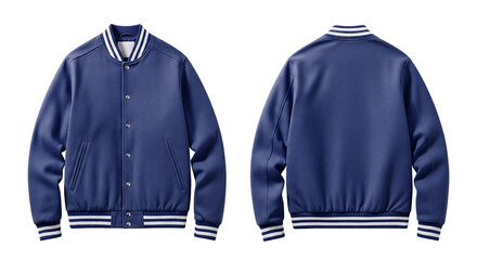 Dark Blue Varsity Bomber Jacket Mockup, Front and Back Views, Isolated on White Background