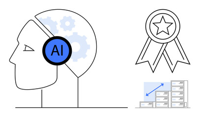 Artificial intelligence, technology efficiency, innovation, development, performance, recognition. A human head with AI gear, a growth chart with an arrow and an achievement ribbon. Artificial