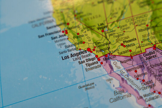 Warsaw, Poland - Dec 5, 2025: A close-up of a detailed map focused on Los Angeles, California, showcasing major cities and geographic features for planning purposes.