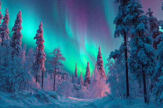 Wide panoramic shot of mystical snowy forest under a starry night sky. Vibrant aurora borealis polar lights in hues of turquoise green and violet dancing above.