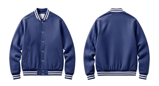 Dark Blue Varsity Bomber Jacket Mockup, Front and Back Views, Isolated on White Background