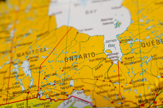 Warsaw, Poland - Dec 5, 2025: Detailed close-up view of a map of Ontario highlighting geographical features, including lakes, forests, and towns. Ideal for travel, education, and navigation.