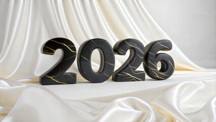 Black Marble 2026 Numbers on White Silk – Elegant Happy New Year Background