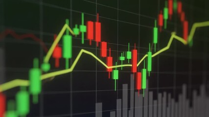 A close-up view of a stock market candlestick chart with a yellow line overlay, illustrating financial data and trends. - Powered by Adobe