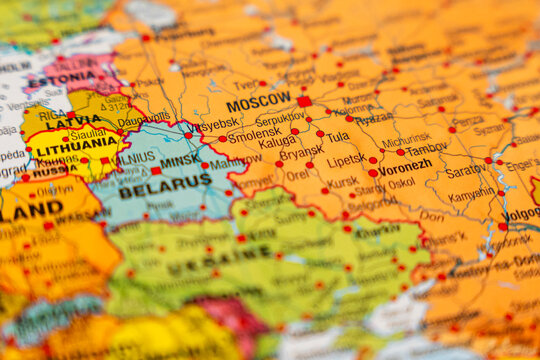 Warsaw, Poland - Dec 5, 2025: Detailed map highlighting Eastern Europe with focus on Belarus, Lithuania, and Moscow. Perfect for educational, travel, and geographical contexts.