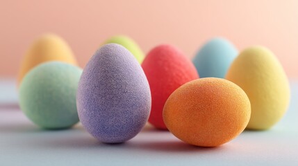 A colorful collection of Easter eggs, each with a unique color and texture, arranged on a pastel pink background with a soft focus.