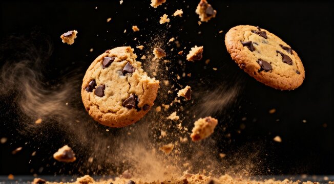 Chocolate chip cookies exploding in mid air.