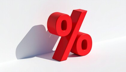 Three-dimensional glossy red percent symbol standing upright on a white surface with side shadows.