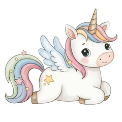 Cute cartoon unicorn character with a blue heart vector illustration 