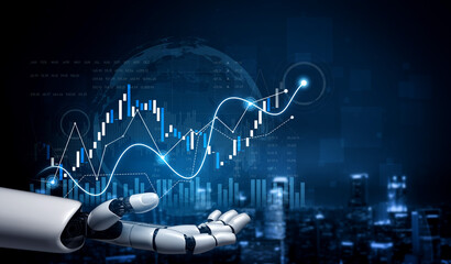 A robotic hand reaches towards digital financial data, showcasing stock market trends and innovative technology in a sleek, modern environment for business analysis. Scalp