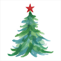 Festive Watercolor Christmas Tree with Red Star Vector Isolated on White Background
