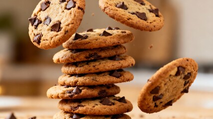 Delicious chocolate chip cookies falling and stacked.