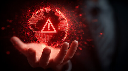 Red digital globe with warning symbol held in hand image