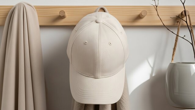 Light colored baseball cap hanging on a wooden coat rack with a jacket and plant