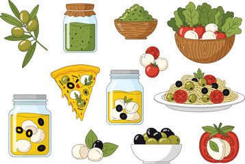 Mozzarella tomatoes olives pesto salad pasta pizza slice jars herbs Italian cuisine fresh ingredients cooking food illustration vector set Mediterranean recipe elements