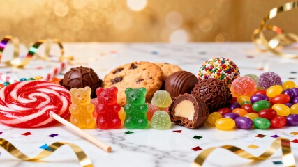 Colorful assortment of candies and cookies for celebration.