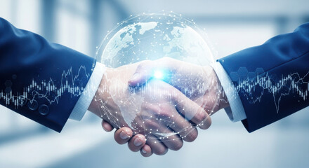 Two men in suits shake hands, overlaid with a digital global network on a blurred blue background, symbolizing a successful business partnership.