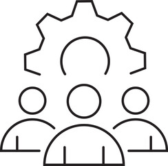 Minimalist line art icon of a team of people with a gear symbolizing process and collaboration.