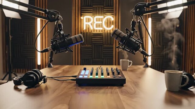Modern podcast studio setup showcasing hightech audio equipment. creative environment for engaging content creation and broadcasting.