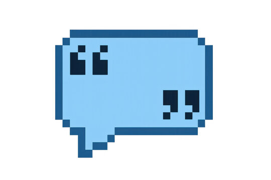 Pixel art light blue speech bubble icon with dark blue outline and quotation marks. Transparent background