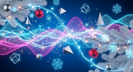 Ornamental holiday spheres and geometric shapes coexist above the illuminated grid on blue